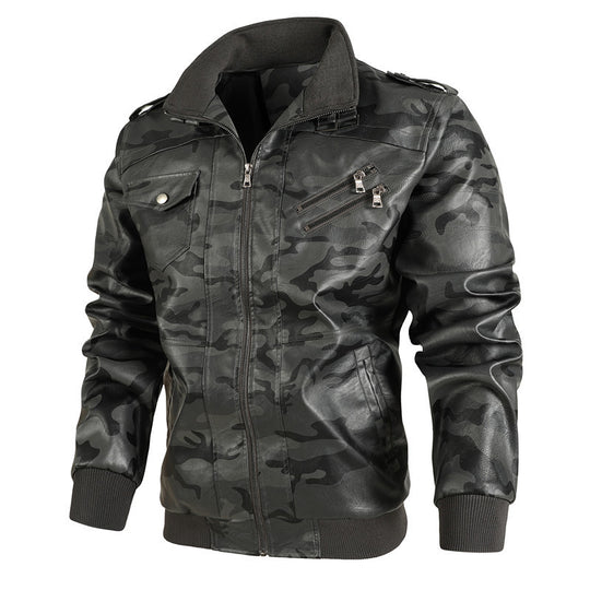 Herren Camouflage-Kunstleder-Bomberjacke im Pilotenstil mit Rippbündchen und Zipper-Taschen Shop Nory