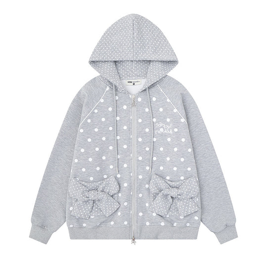 Damen Gepunktete Zip-Kapuzenjacke mit Schleifen-Taschen und Raglanärmeln Shop Nory