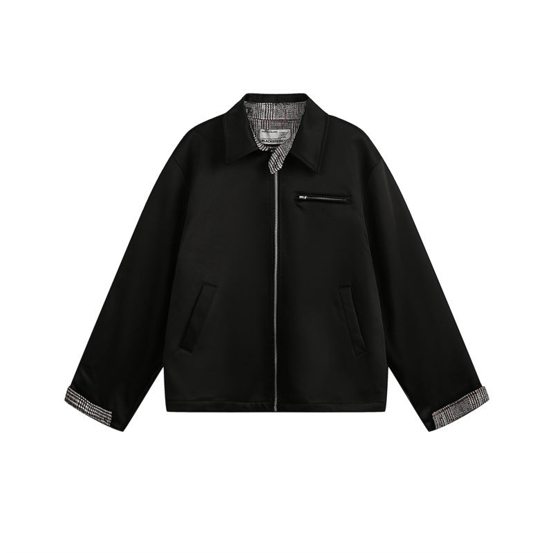 Unisex Kurz geschnittene Boxy-Blousonjacke mit karierter Innenfütterung und Brustzippertasche Shop Nory