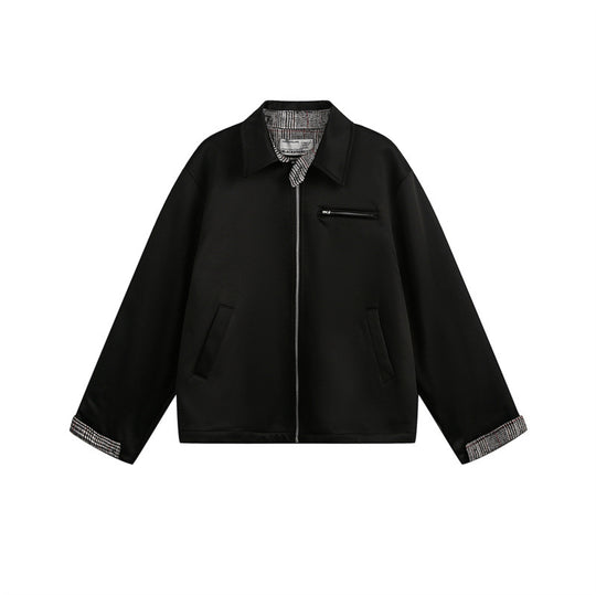 Unisex Kurz geschnittene Boxy-Blousonjacke mit karierter Innenfütterung und Brustzippertasche Shop Nory