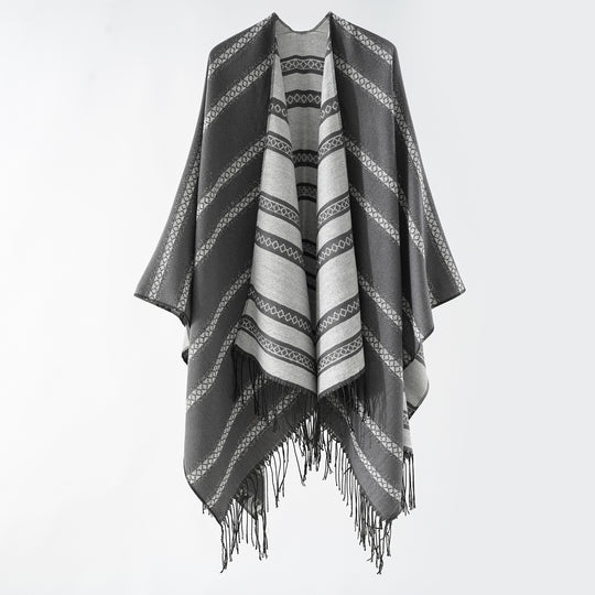 Damen Langer Webponcho im Cape-Stil mit Streifen-Jacquard und Fransen Shop Nory