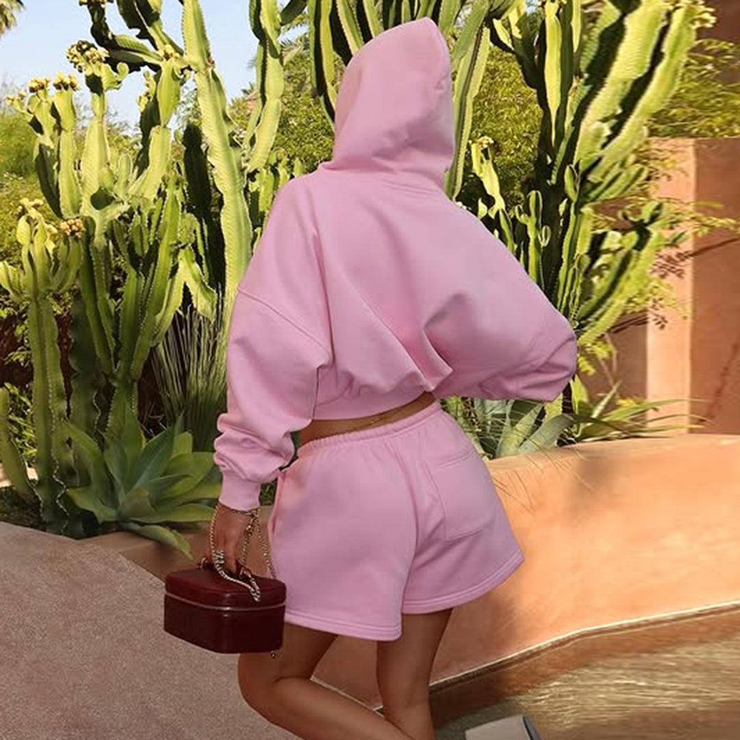 Damen nan kurzes Kapuzen-Hoodie und Drawstring-Shorts Lounge-Set mit durchgehendem Reißverschluss und taillenhohem Bindebund Shop Nory