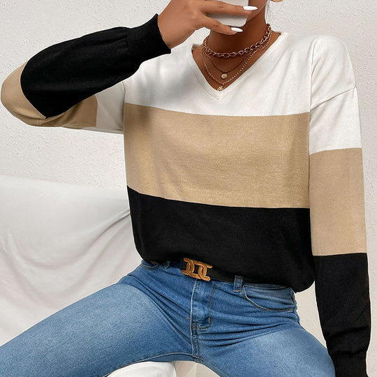 Damen Eleganter V‑Ausschnitt Feinstrickpullover mit breiten Blockstreifen Shop Nory
