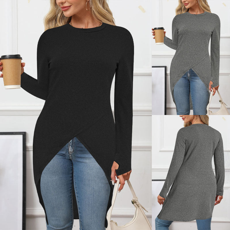 Damen Langes asymmetrisches Tunika-Top mit überlappender Vorderseite und Seitenschlitzen Shop Nory