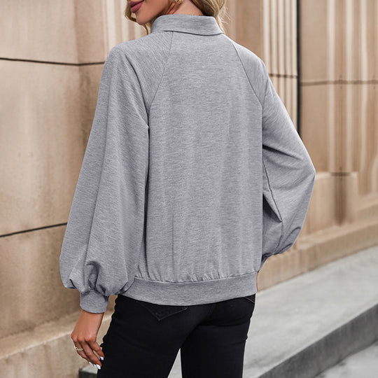 Damen Pullover-Sweatshirt mit Polo-Kragen, Raglan‑Ballonärmeln und Kängurutasche Shop Nory