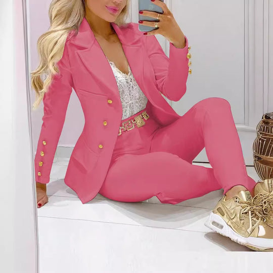 Damen nan tailliertes Doppelreiher-Blazer-Set mit goldknopf-Detail und hochtaillierter Slimhose Shop Nory
