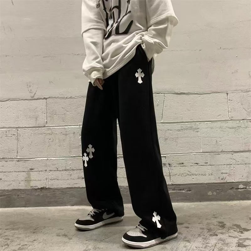 Herren Weite Sweatpants mit Gothic-Kreuz-Print, Tunnelzug & Tiefer Schritt Shop Nory
