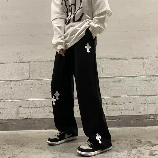 Herren Weite Sweatpants mit Gothic-Kreuz-Print, Tunnelzug & Tiefer Schritt Shop Nory