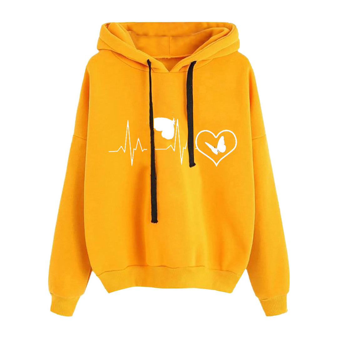 Damen nan leichter Oversize Kapuzenpullover mit Herz‑EKG‑Motiv, langen Kordeln und elastischem Bund Shop Nory