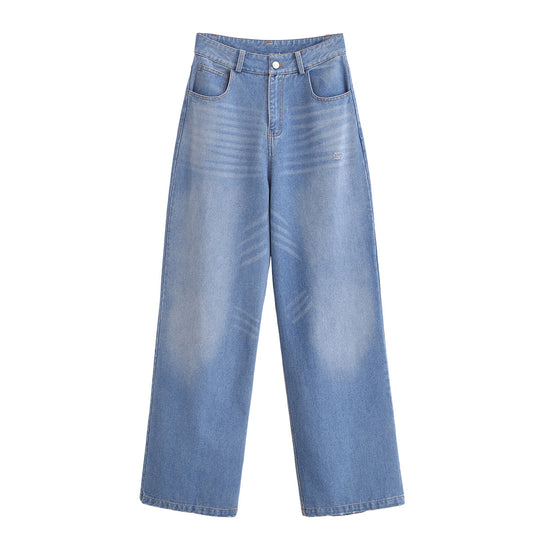 Damen High-Waist-Jeanshose mit weitem Bein, geradem Saum und dezenter Used‑Optik Shop Nory
