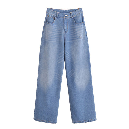 Damen High-Waist-Jeanshose mit weitem Bein, geradem Saum und dezenter Used‑Optik Shop Nory
