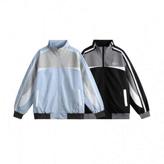Unisex Leichte Retro-Trackjacke mit Stehkragen, kontrastierenden Streifen und gerippten Bündchen Shop Nory