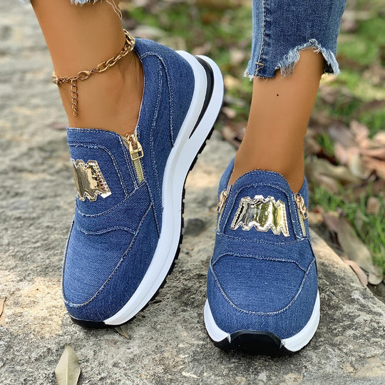 Damen Plateau-Slipper-Sneaker aus Veloursimitat mit seitlichem Zier-Reißverschluss und metallischer Applikation Shop Nory