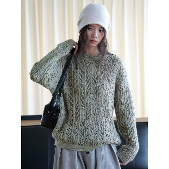 Damen Lockerer Ajourstrick-Pullover mit Rundhalsausschnitt Shop Nory