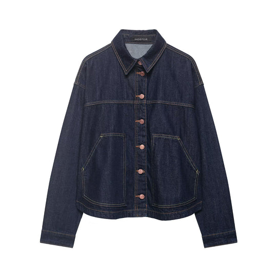 Damen Boxy Cropped Denim-Workerjacke mit großen aufgesetzten Fronttaschen Shop Nory