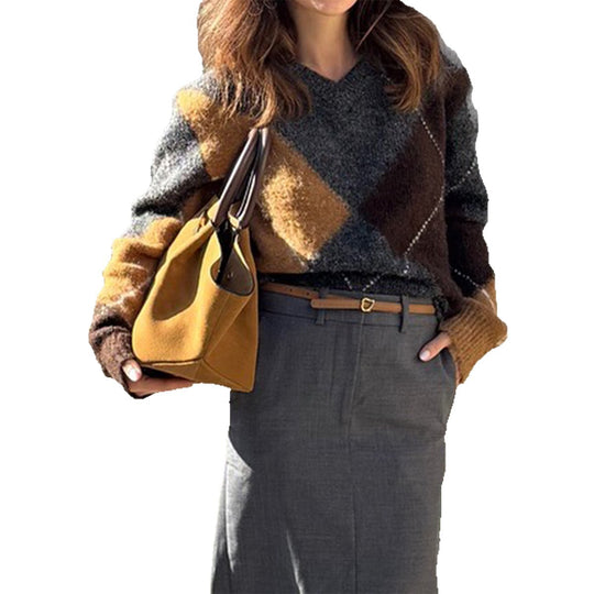 Damen nan oversized Argyle-Strickpullover mit kastigem Schnitt und geripptem Rundhalsausschnitt Shop Nory