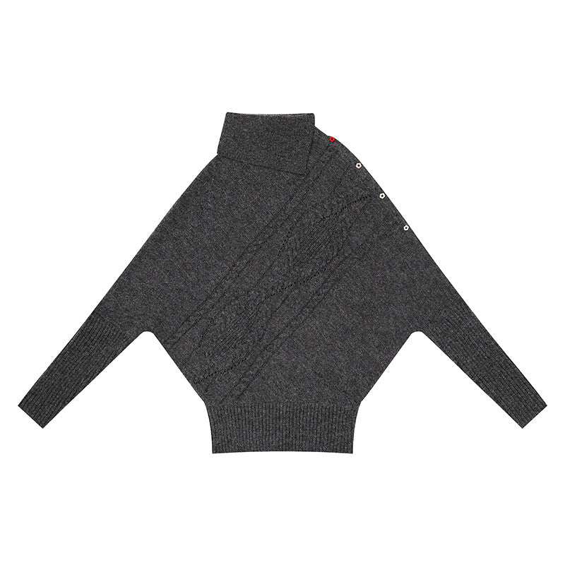 Damen Oversize-Pullover mit Rollkragen, asymmetrischer Schulter-Knopfleiste und Zopfstrick-Details Shop Nory