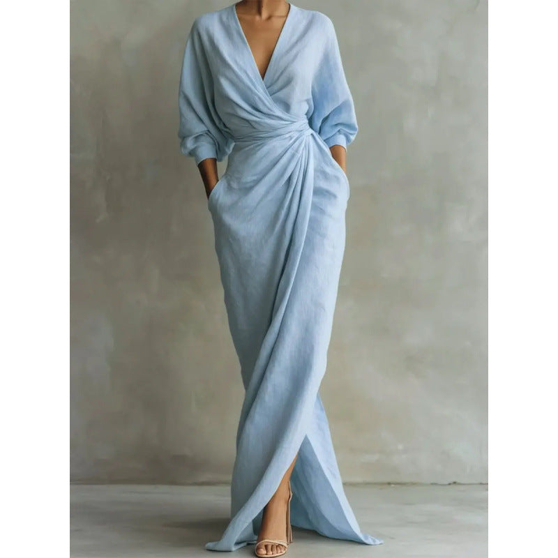 Damen Drapiertes Wickel-Maxikleid mit tiefem V-Ausschnitt, Taillen-Twist und Eingrifftaschen Shop Nory