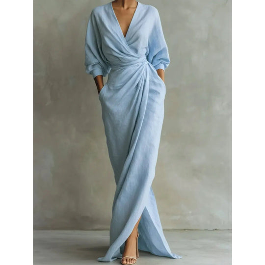 Damen Drapiertes Wickel-Maxikleid mit tiefem V-Ausschnitt, Taillen-Twist und Eingrifftaschen Shop Nory