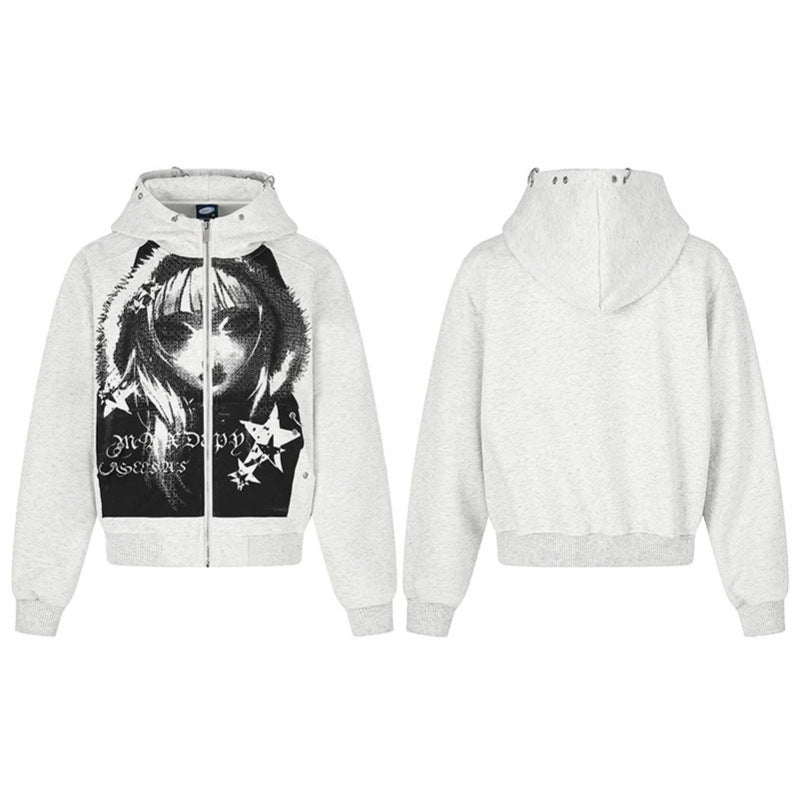 Damen Kapuzen‑Sweatjacke mit fotorealistischem Manga‑Frontprint, Fleece‑Futter und durchgehendem Reißverschluss Shop Nory