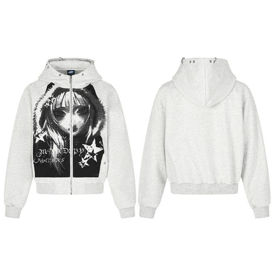 Damen Kapuzen‑Sweatjacke mit fotorealistischem Manga‑Frontprint, Fleece‑Futter und durchgehendem Reißverschluss Shop Nory