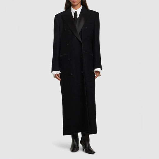 Damen Doppelreihiger Maximalistischer Wollmantel mit Smokingkragen Shop Nory