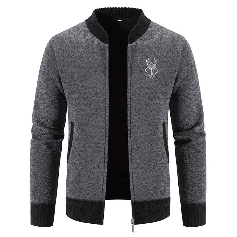 Herren lässiger Zip-Strickblouson mit weichem Thermofutter, geripptem Stehkragen und Hirsch-Logo Shop Nory