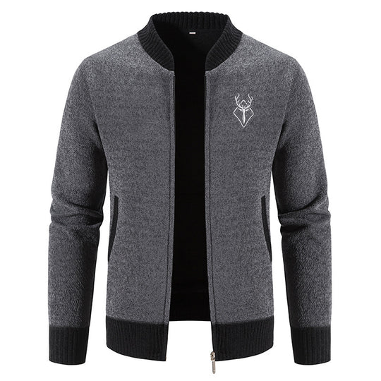 Herren lässiger Zip-Strickblouson mit weichem Thermofutter, geripptem Stehkragen und Hirsch-Logo Shop Nory
