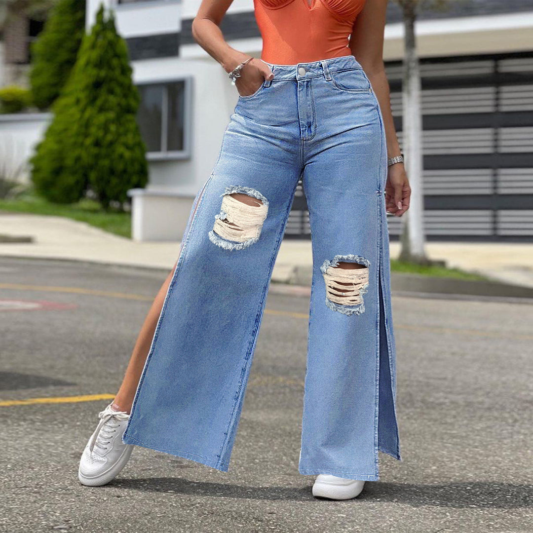 Damen Hochtaillierte Wide-Leg-Jeanshose mit Knie-Rissen und seitlichen Schlitzen Shop Nory
