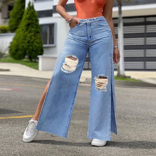 Damen Hochtaillierte Wide-Leg-Jeanshose mit Knie-Rissen und seitlichen Schlitzen Shop Nory