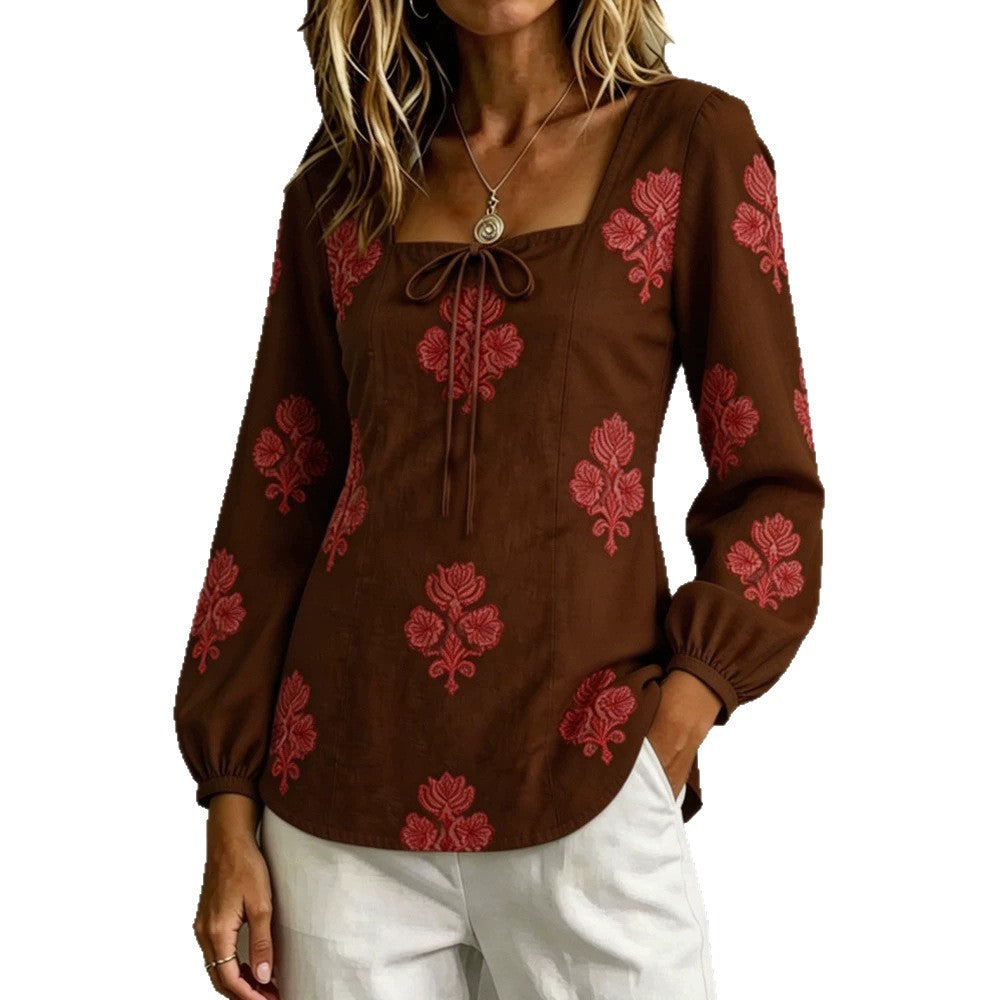 Damen Bestickte Tunika-Bluse mit quadratischem Ausschnitt und femininen Ballonärmeln Shop Nory