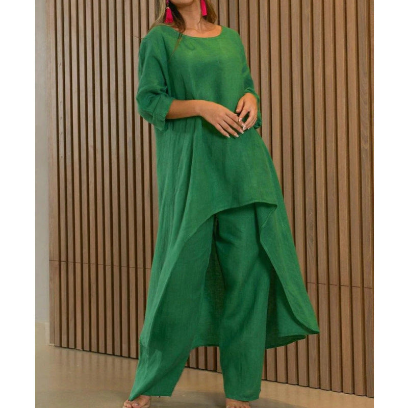 Damen Lässiges Leinenoptik-Zweiteiler mit asymmetrischer Long-Tunika und weitem Palazzo-Hose Shop Nory