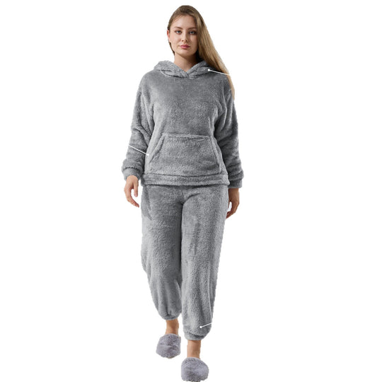 Damen Kuscheliges Teddy-Fleece Lounge-Set mit Kapuze und Kängurutasche Shopy Nory