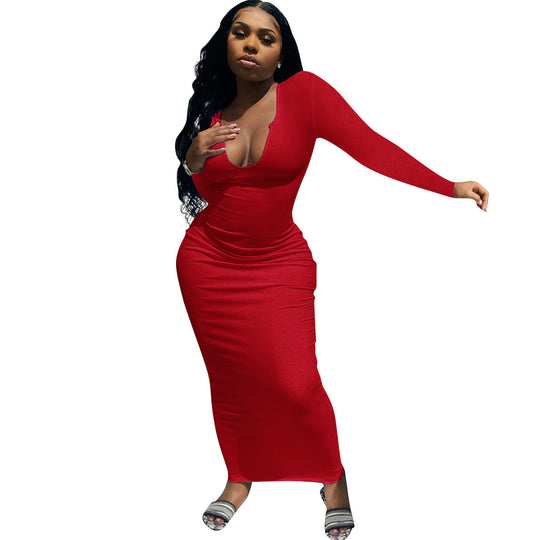 Damen Figurbetontes Rippenstrick-Maxikleid mit tiefem U-Ausschnitt und langen Ärmeln Shop Nory
