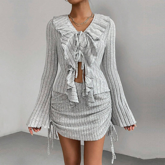 Damen gerippter Rüschencardigan mit Bindebändern und gerafftem Minirock-Set Shop Nory