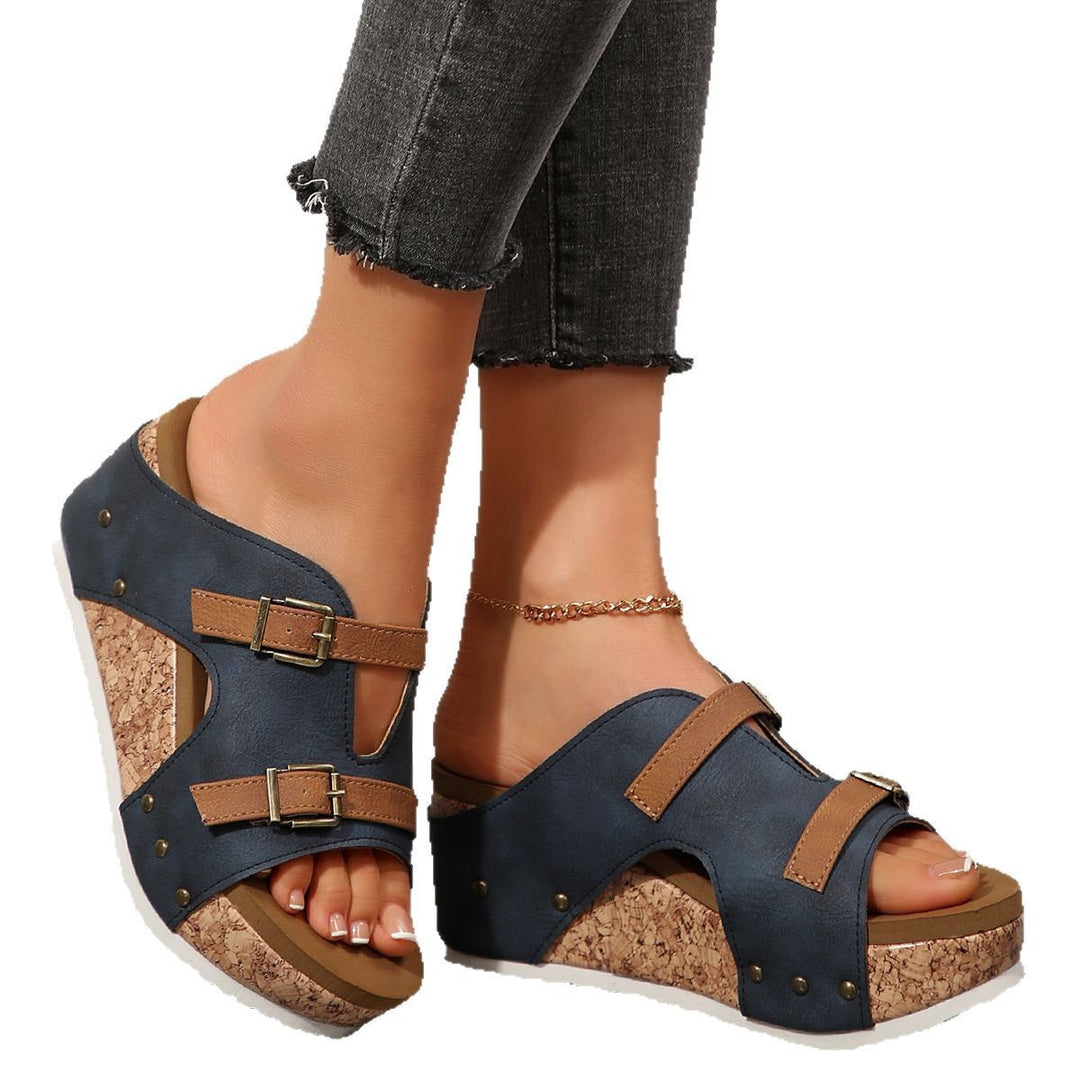 Damen Keil-Pantolette mit Korkplateau, verstellbaren Doppelriemen und gepolstertem Komfortfußbett Shop Nory