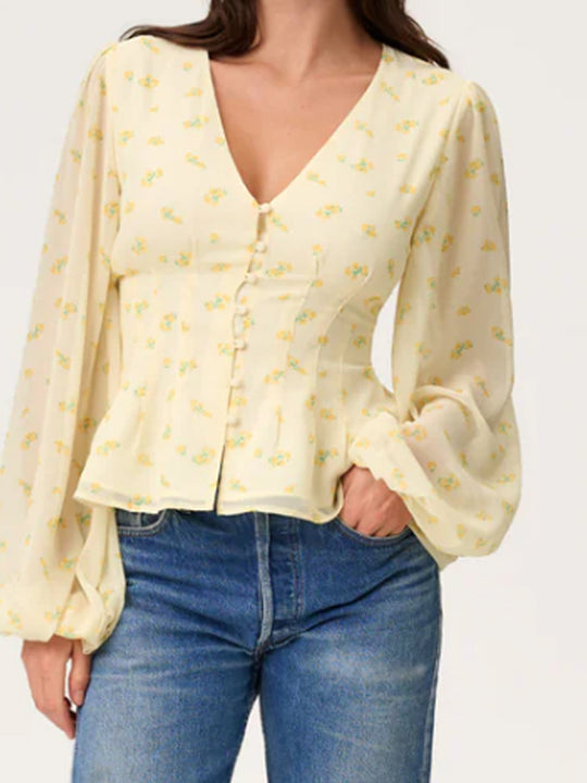 Damen Jacquard-Spitzenbluse mit tailliertem Schößchen und Ballonärmeln Shop Nory