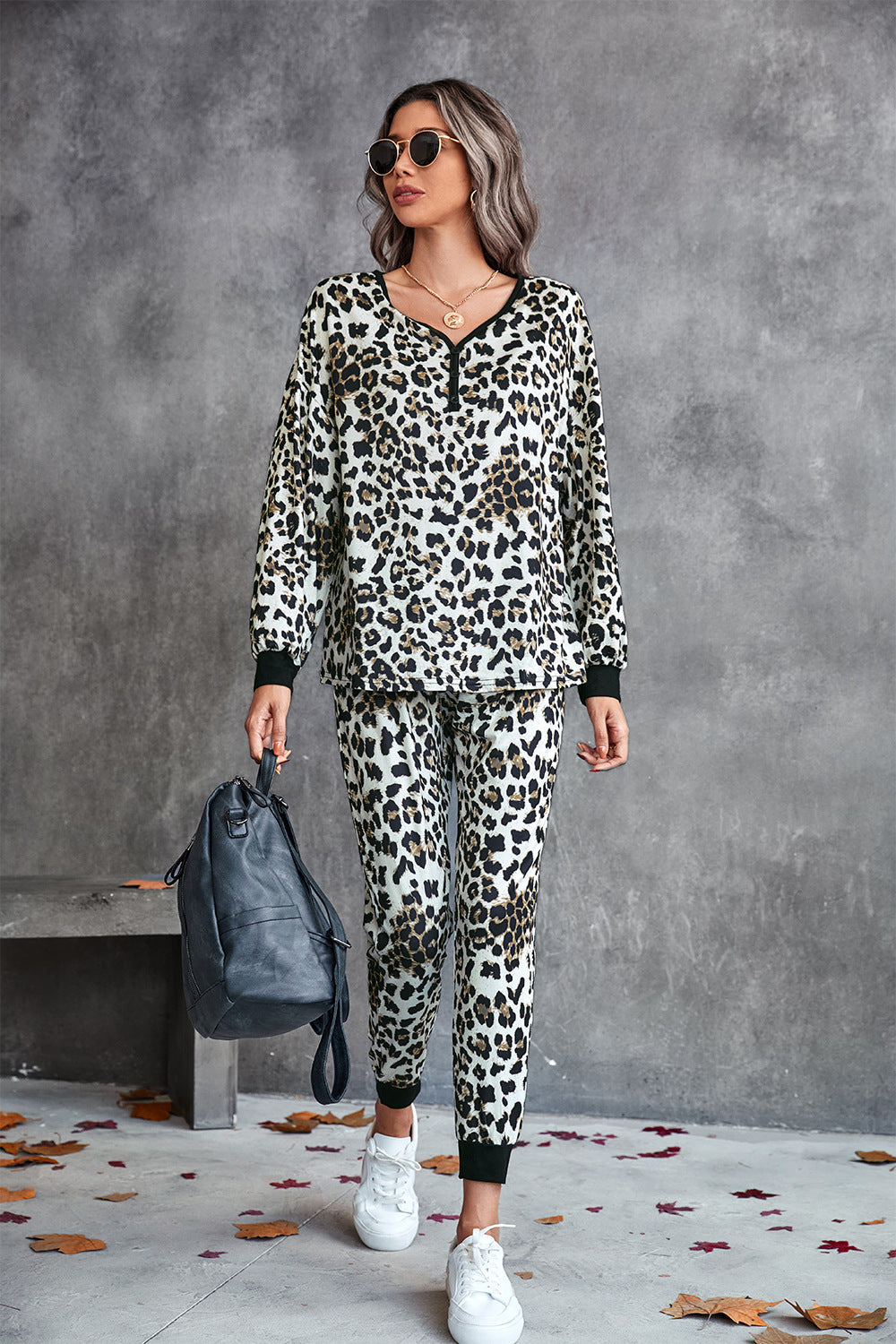 Damen Leo-Print Jogginganzug mit breitem Taillenbund und modischen Bündchen