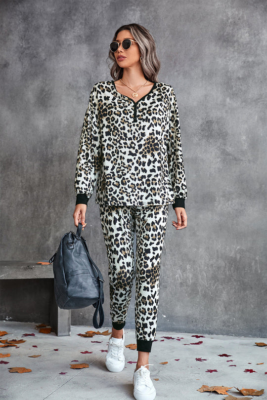 Damen Leo-Print Jogginganzug mit breitem Taillenbund und modischen Bündchen
