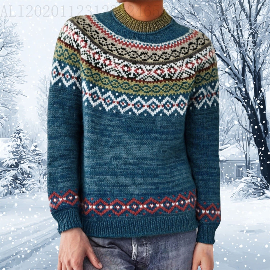 Damen nan melierter Rundhalsausschnittpullover mit kreisförmigem Jacquard-Yoke und geripptem Saum Shop Nory