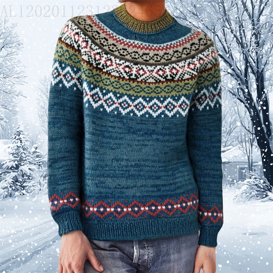 Damen nan melierter Rundhalsausschnittpullover mit kreisförmigem Jacquard-Yoke und geripptem Saum Shop Nory