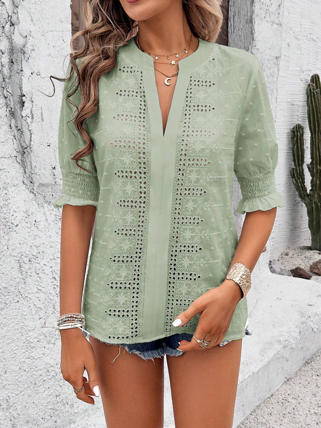 Damen Boho-Tunika mit Broderie-Anglaise und gerafften 3/4-Ärmeln Shop Nory
