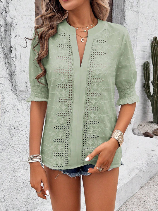 Damen Boho-Tunika mit Broderie-Anglaise und gerafften 3/4-Ärmeln Shop Nory