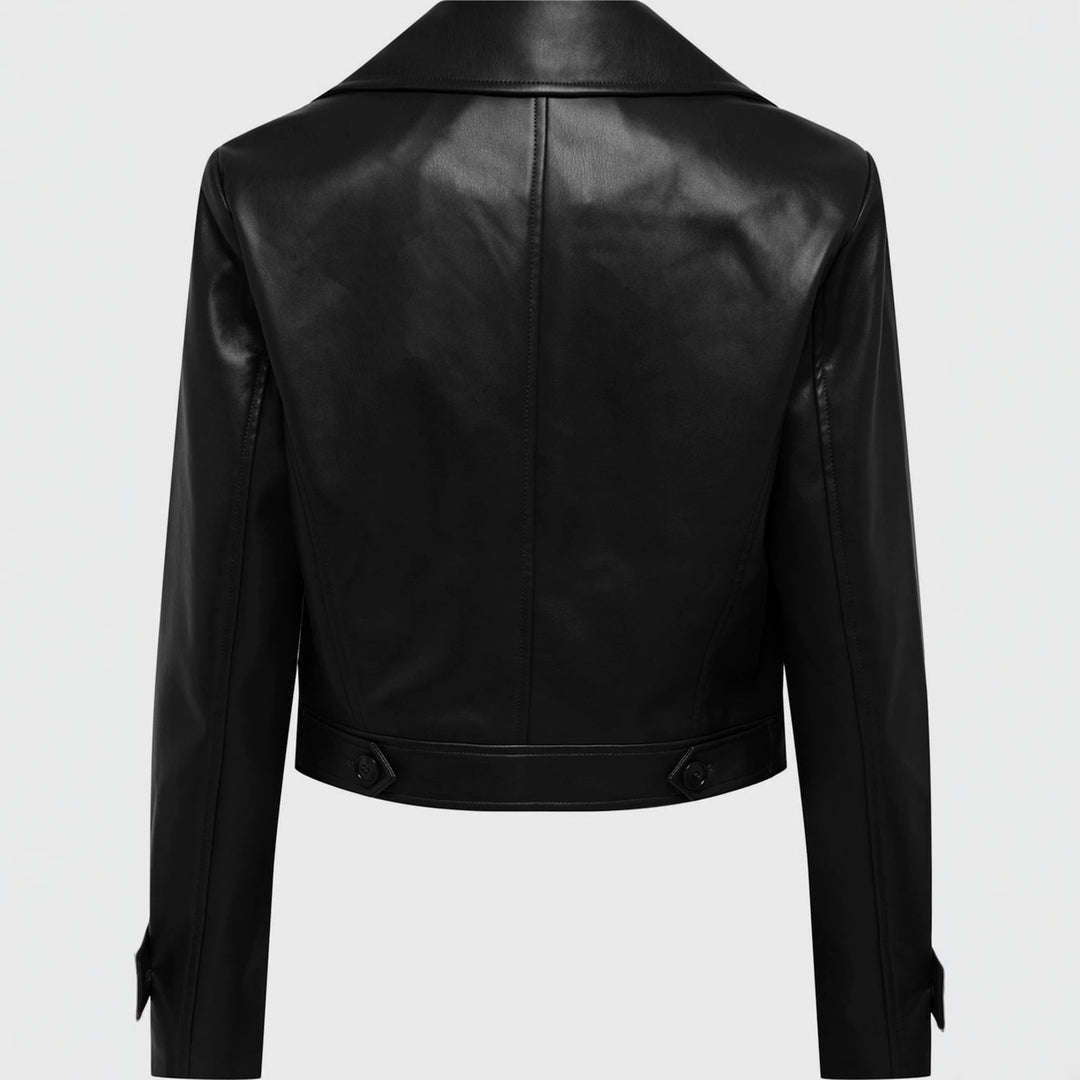 Damen kurz geschnittene Doppelreihige Lederjacke mit breitem Revers Shop Nory