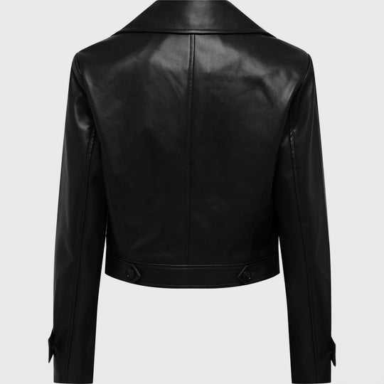 Damen kurz geschnittene Doppelreihige Lederjacke mit breitem Revers Shop Nory