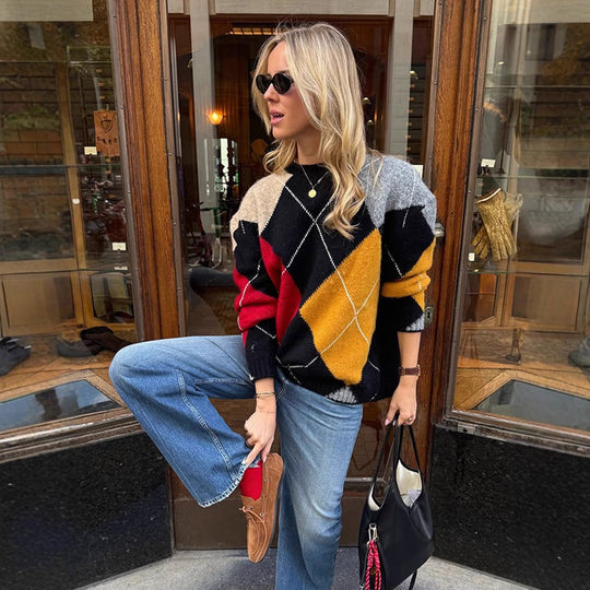 Damen Oversize Argyle-Pullover aus Mohair-Mix mit Rundhalsausschnitt und kontrastierenden Rautendetails Shop Nory