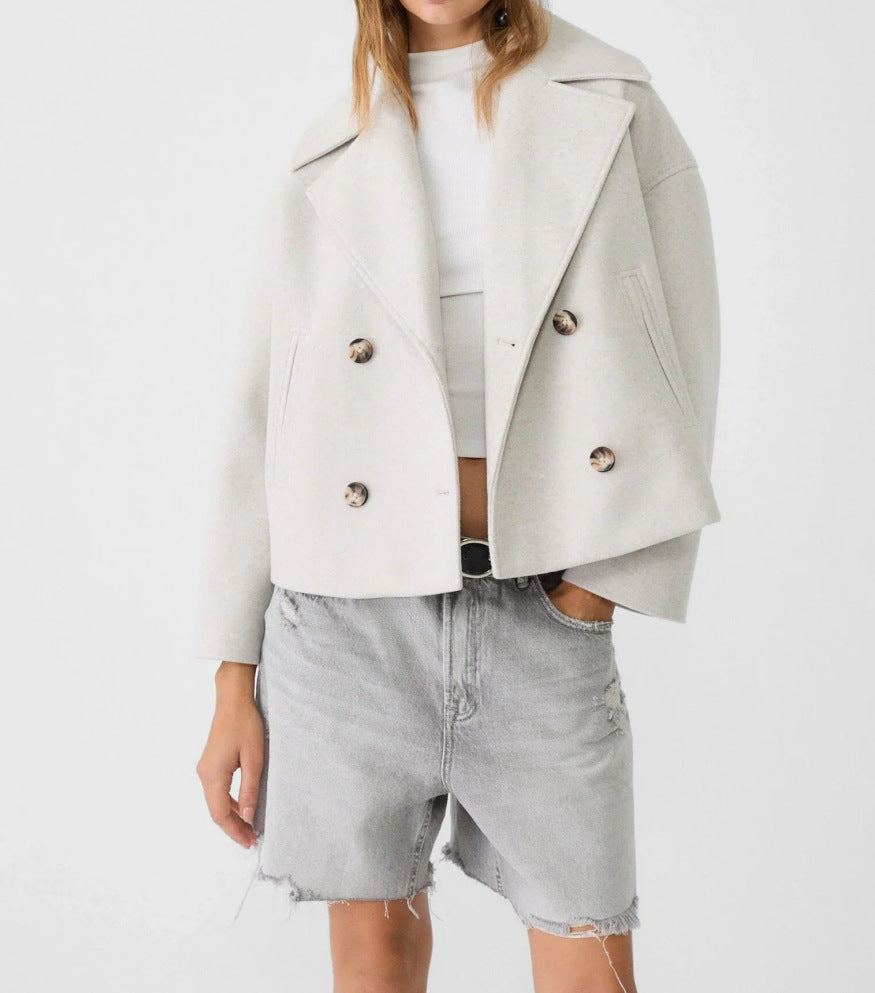 Damen nan kurz geschnittener Zweireiher Wollmix-Peacoat mit überbreitem Revers und kastiger Silhouette Shop Nory
