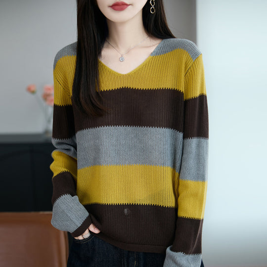 Damen Leichter V-Ausschnitt Feinstrickpullover mit breiten Blockstreifen und entspannter Passform Shop Nory