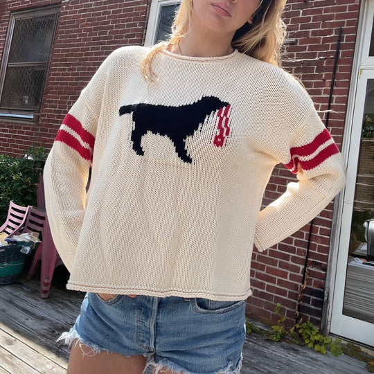 Damen Grobstrickpullover mit Hunde-Jacquard und Sportstreifen Shop Nory