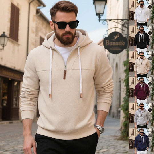 Herren nan minimalistischer Soft‑Fleece Halbzip‑Hoodie mit Lederzipper und Kordelzug Shop Nory